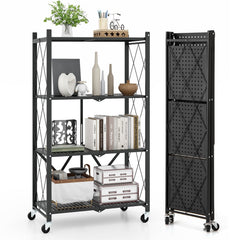 4-Tier Foldable Storage Shelf Collapsible Storage Rack with Lockable Wheels-Black