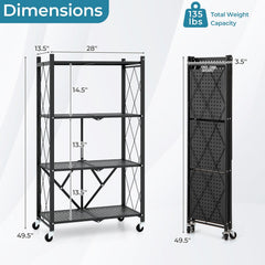 4-Tier Foldable Storage Shelf Collapsible Storage Rack with Lockable Wheels-Black