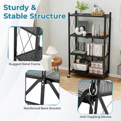 4-Tier Foldable Storage Shelf Collapsible Storage Rack with Lockable Wheels-Black