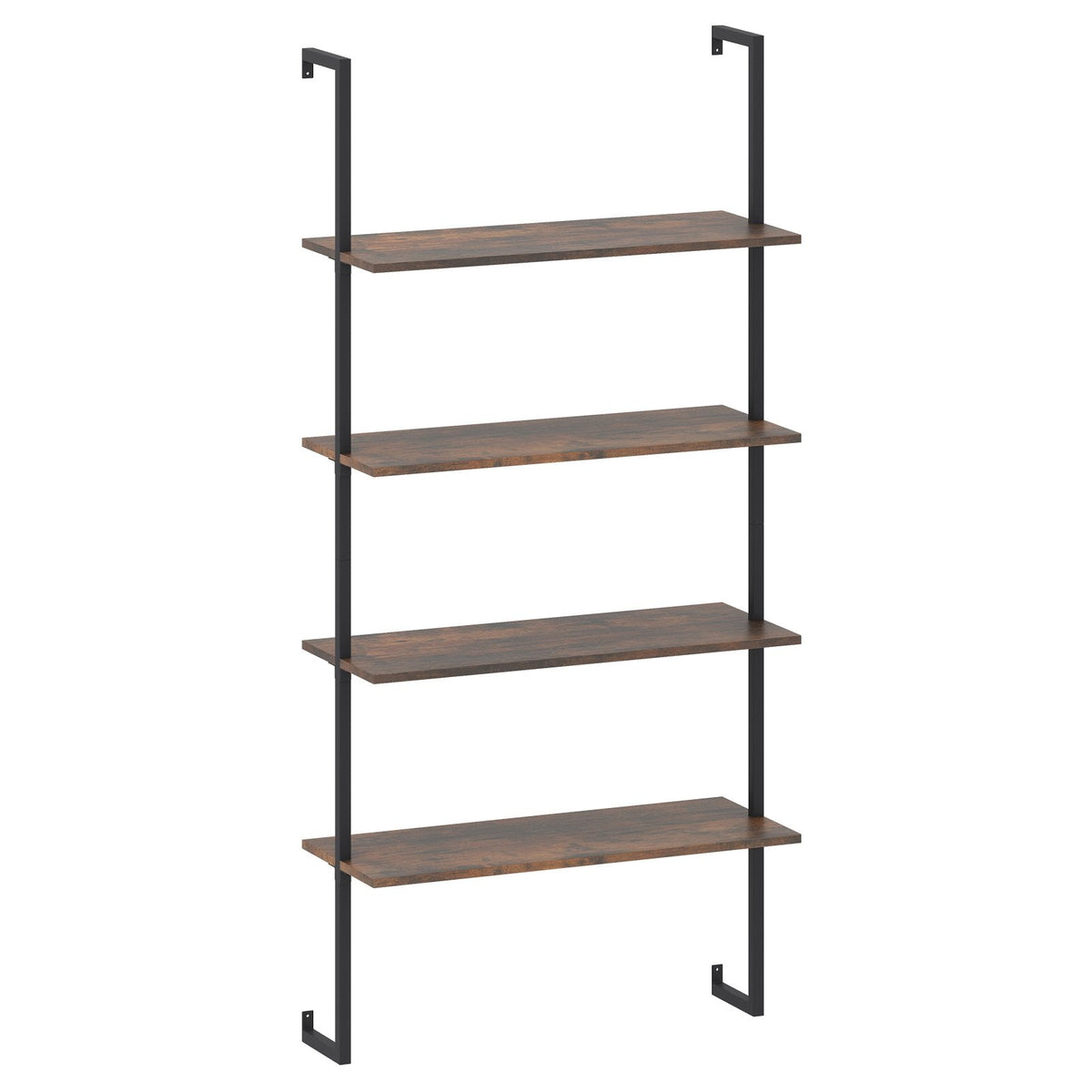 4 Tier Ladder Bookshelf with Black Metal Frame, Industrial Wall Shelf, Coffee Brown