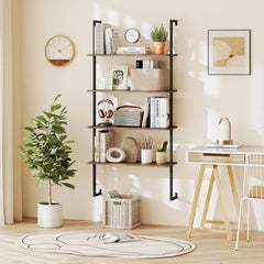 4 Tier Ladder Bookshelf with Black Metal Frame, Industrial Wall Shelf, Coffee Brown