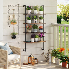 4 Tier Ladder Bookshelf with Black Metal Frame, Industrial Wall Shelf, Coffee Brown