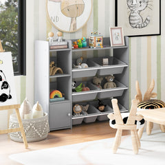 4-Tier Kids Bookshelf and Toy Storage Rack with 8 Toy Organizer Bins-Grey