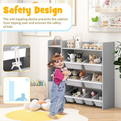 4-Tier Kids Bookshelf and Toy Storage Rack with 8 Toy Organizer Bins-Grey