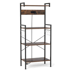 4-Tier Kitchen Bakers Rack with Power Outlet and 8 Hooks-Rustic Brown