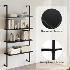 4-Tier Ladder Shelf Open Wall Mounted Bookcase with Wooden Boards and Metal Frame-Black