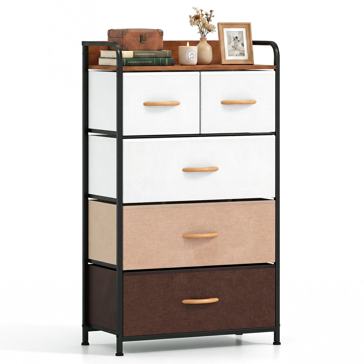 4-Tier Organizer Tower Steel Frame Wooden Top Storage with 5-Drawer Dresser-Muticolor