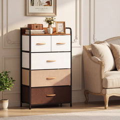 4-Tier Organizer Tower Steel Frame Wooden Top Storage with 5-Drawer Dresser-Muticolor