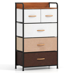 4-Tier Organizer Tower Steel Frame Wooden Top Storage with 5-Drawer Dresser-Muticolor