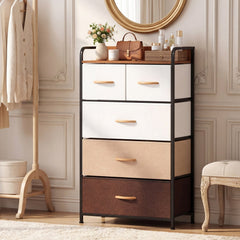 4-Tier Organizer Tower Steel Frame Wooden Top Storage with 5-Drawer Dresser-Muticolor