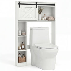 4-Tier Over The Toilet Storage Cabinet with Sliding Barn Door and Storage Shelves-White
