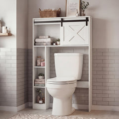 4-Tier Over The Toilet Storage Cabinet with Sliding Barn Door and Storage Shelves-White