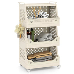 4-Tier Rolling Laundry Basket with Wheels Plastic Storage Cart with Side Hooks
