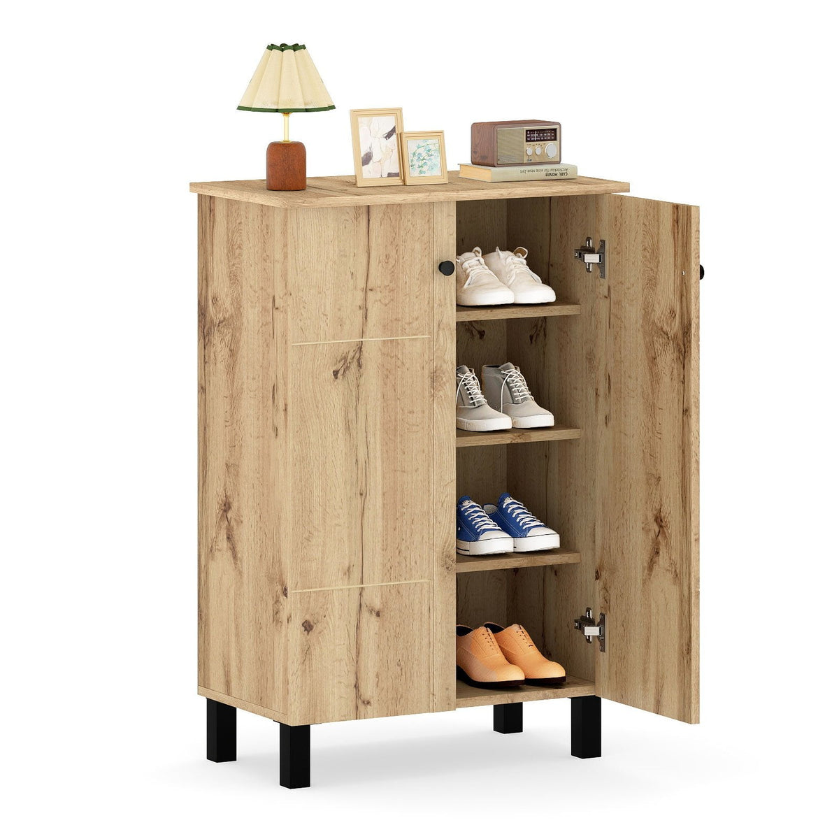 4-Tier Shoe Organizer with Removable Shelves and 2 Doors-Natural