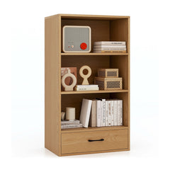 4 Tier Storage Bookcase with Drawer and Anti Tipping Kits, 48 Inch Natural Wood Shelf