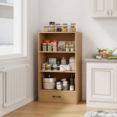 4 Tier Storage Bookcase with Drawer and Anti Tipping Kits, 48 Inch Natural Wood Shelf