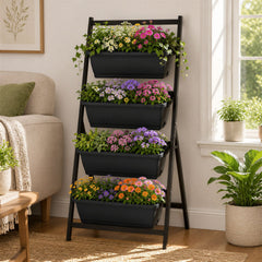 4 Tier Vertical Raised Garden Bed in Black, 49 Inch Planter with 4 Stackable Containers