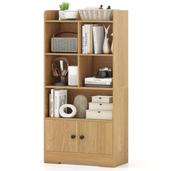 4 Tiers Bookshelf with 4 Cubes Display Shelf and 2 Doors-Natural