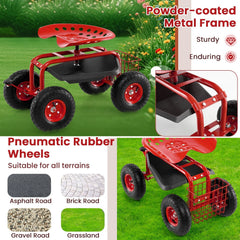 4-Wheel Rolling Garden Cart Work Seat-Red