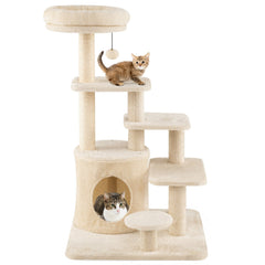 40 Inch Multi Level Cat Tower with Short Steps, Condo and Jingle Ball, Beige