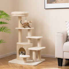 40 Inch Multi Level Cat Tower with Short Steps, Condo and Jingle Ball, Beige