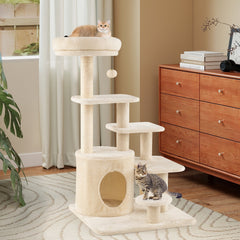 40 Inch Multi Level Cat Tower with Short Steps, Condo and Jingle Ball, Beige