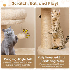 40 Inch Multi Level Cat Tower with Short Steps, Condo and Jingle Ball, Beige