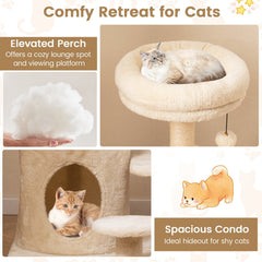 40 Inch Multi Level Cat Tower with Short Steps, Condo and Jingle Ball, Beige