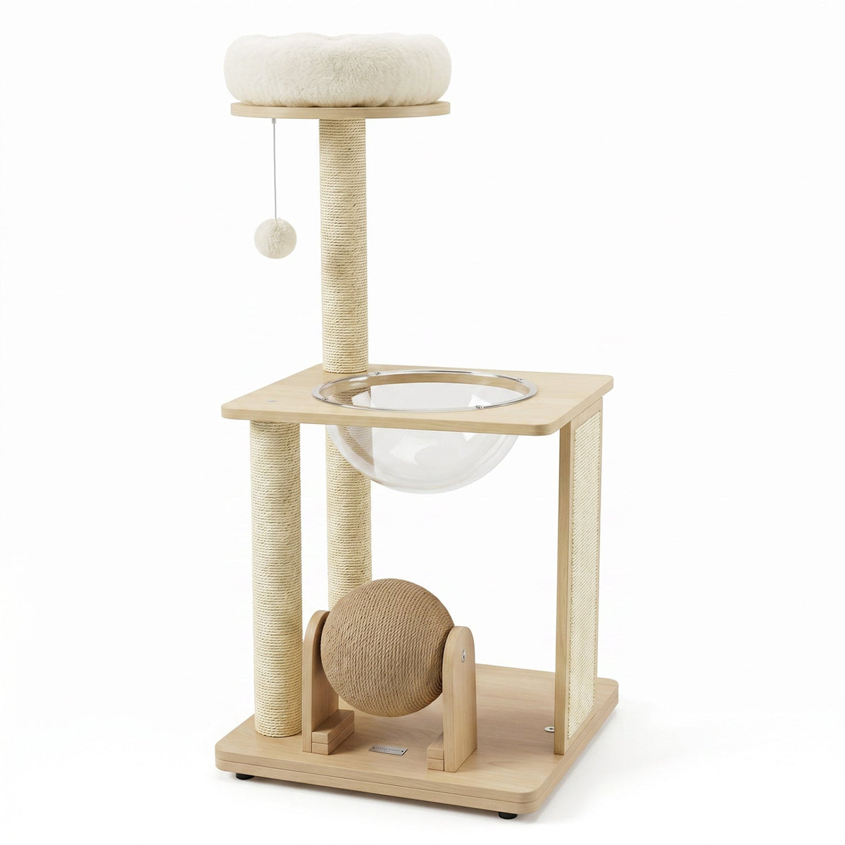 40 Inch Solid Rubber Wood Cat Tree with Space Capsule, Rotating Sisal Ball and Scratching Board, Natural