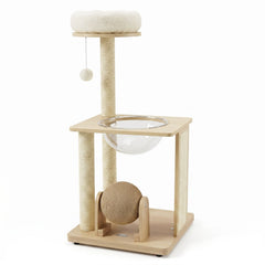 40 Inch Solid Rubber Wood Cat Tree with Space Capsule, Rotating Sisal Ball and Scratching Board, Natural