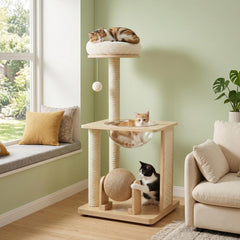 40 Inch Solid Rubber Wood Cat Tree with Space Capsule, Rotating Sisal Ball and Scratching Board, Natural