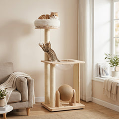 40 Inch Solid Rubber Wood Cat Tree with Space Capsule, Rotating Sisal Ball and Scratching Board, Natural