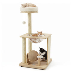 40 Inch Solid Rubber Wood Cat Tree with Space Capsule, Rotating Sisal Ball and Scratching Board, Natural