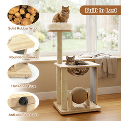 40 Inch Solid Rubber Wood Cat Tree with Space Capsule, Rotating Sisal Ball and Scratching Board, Natural