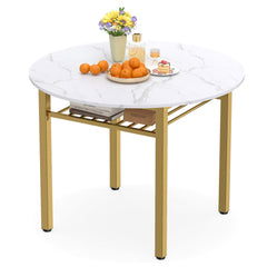 40” Round Kitchen Table with Storage Shelf and Metal Frame for 4 People-White