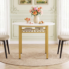 40” Round Kitchen Table with Storage Shelf and Metal Frame for 4 People-White