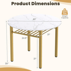 40” Round Kitchen Table with Storage Shelf and Metal Frame for 4 People-White