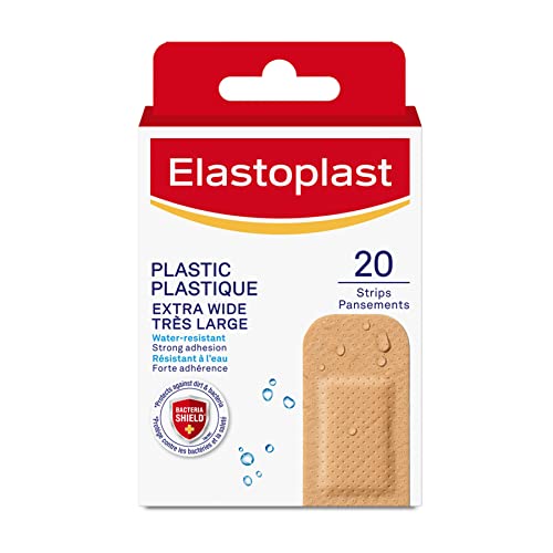 Elastoplast Plastic Water-Resistant Bandages | 20 Strips, beige | All purpose | Breathable | Larger size for bigger wounds | Bacteria Shield | Strong Adhesion | Water-resistant | Repel Water and Dirt | Bacteria Shield | Latex Free
