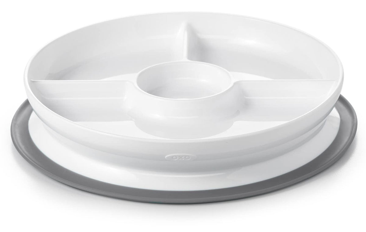 OXO Tot - Stick & Stay Suction Divided Plate - Silicone Base That Sticks Surfaces - Baby Feeding from 6 Months and Up - Gray - 61154100