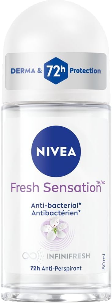 NIVEA Fresh Sensation Roll-On Antiperspirant Deodorant with 72-Hr Odour and Sweat Protection, Eliminates Bacteria, Clean and Fresh Scented Women's Deodorant, Non-Sticky, Ethyl Alcohol Free, 50mL
