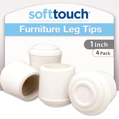 SoftTouch 1" Round Slip-On Rubber Folding Metal Chair Leg Tip Replacement - Protect Surfaces & Dampen Noise, White (4 Pack)