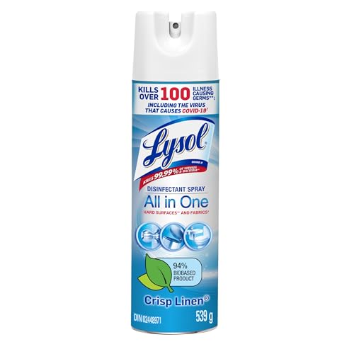 Lysol Disinfectant Spray, All in One, Crisp Linen, Disinfect and Eliminate Odours on Hard Surfaces and Fabrics, Kills 99.99% of Viruses & Bacteria, 539g