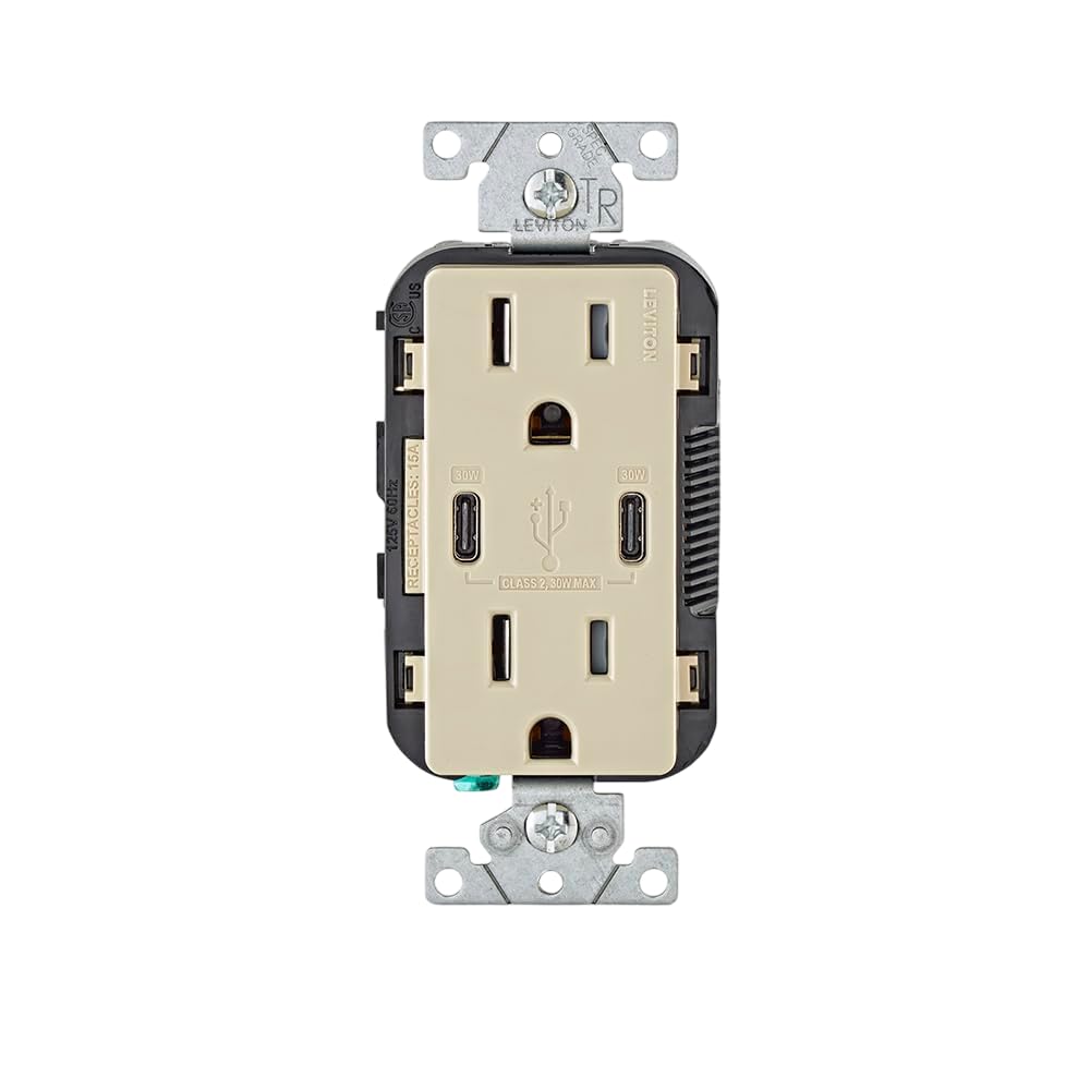 Leviton USB Dual Type C Receptacle 30 W (6 Amp), 15 Amp Tamper-Resistant, T5635-00I, Ivory