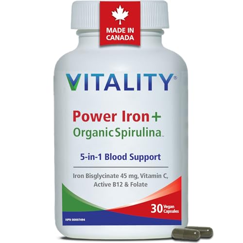VITALITY Power Iron High Dose 45mg - with Vitamin C, B12 1000mcg, Folate, High Absorption Blood Builder Iron Supplements for Women & Men with Iron Deficiency Anemia, 30 Vegan Capsules