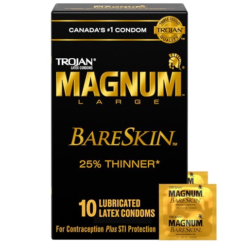 TROJAN Magnum BareSkin Lubricated Latex Condoms, 10 Count, Larger than Standard Size Condoms, Thinnest Magnum Condom, Heightened Sensitivity and Comfort, Silky Smooth Lubricant