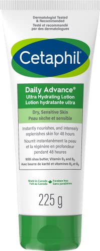 Cetaphil Daily Advance Lotion, Hydrating Body Lotion with Shea Butter for Dry & Sensitive Skin, Provides 48-Hr Hydration, Fragrance Free, Non-Greasy, Non-Comedogenic, Dermatologist Recommended, 225g