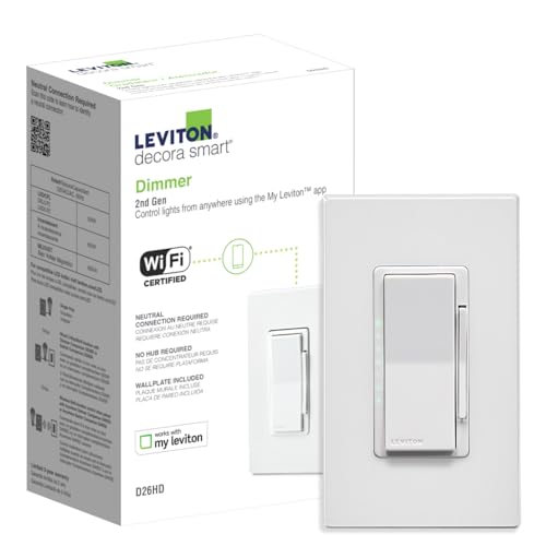 Leviton Decora Smart Dimmer Switch, Wi-Fi 2nd Gen, Neutral Wire Required, D26HD-2RW, White