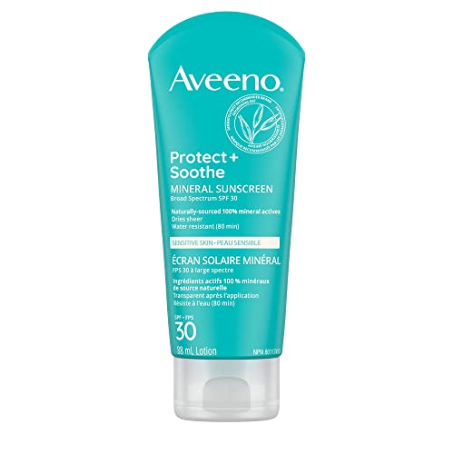 Aveeno Protect + Soothe Sensitive Skin Mineral Sunscreen SPF 30, Oat & Mineral Formula, Paraben Free, Fragrance Free, Dries Sheer, 88-mL