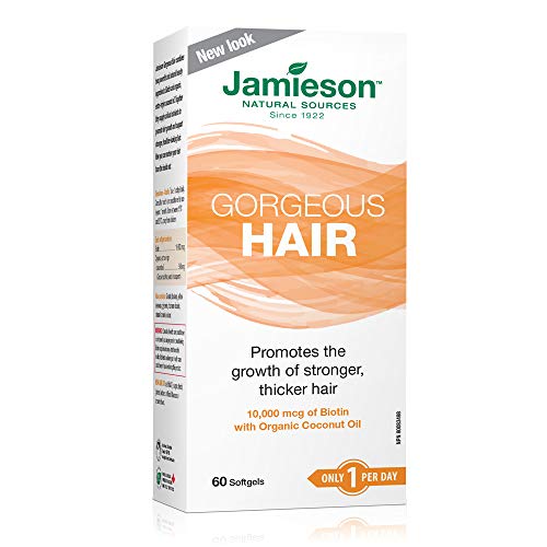 Jamieson Gorgeous Hair Softgels, with Biotin 10,000 mcg and Organic Extra Virgin Coconut Oil, Promotes Stronger, Thicker and Healthier Hair, Reduces Breakage and Split Ends. Non-GMO, Gluten-Free, 60 Count, Proudly Canadian