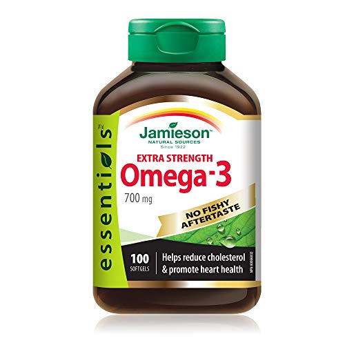 Jamieson Extra Strength Omega-3 700 mg, No Fishy Aftertaste, Supports Heart, Brain, and Eye Health, Arthritis Support. With EPA and DHA, Non-GMO, Gluten-Free, 100 Softgels, Proudly Canadian